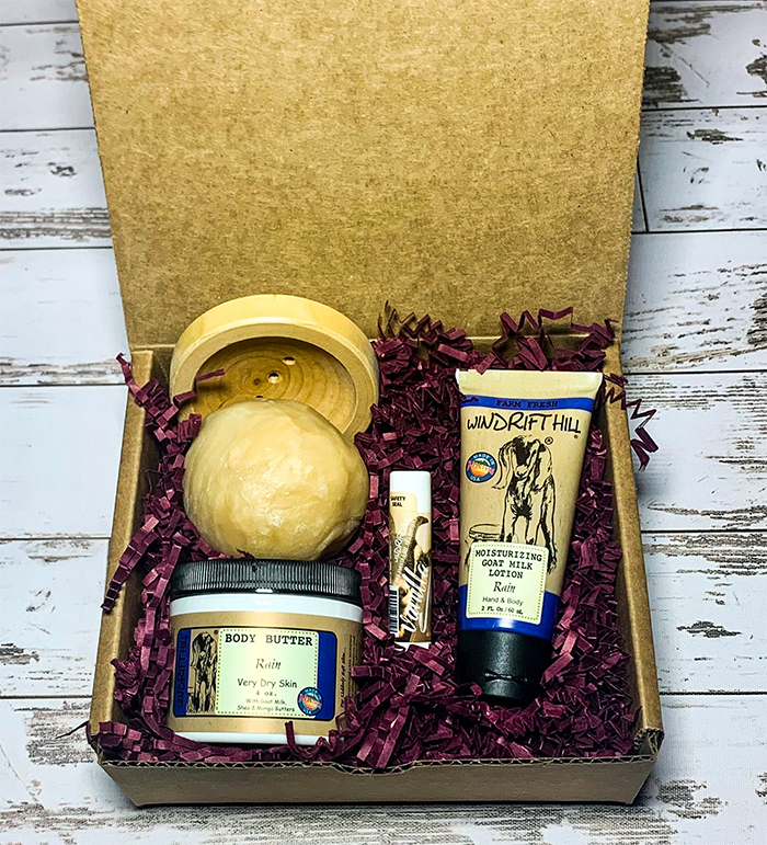 soothing gift set with soap ball, body butter, lip balm, lotion, soap dish